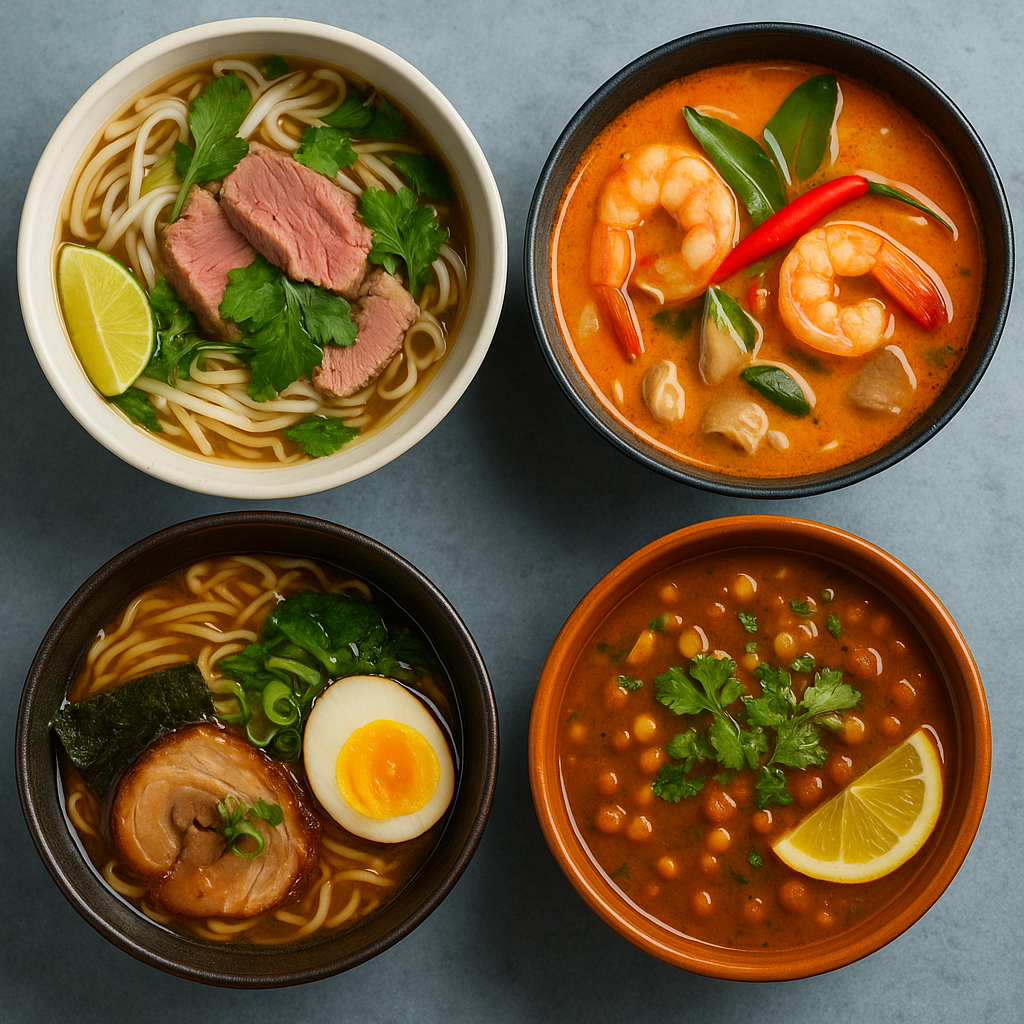 Bol de pho vietnamien garni de pousses de soja, herbes fraîches et tranches de bœuf